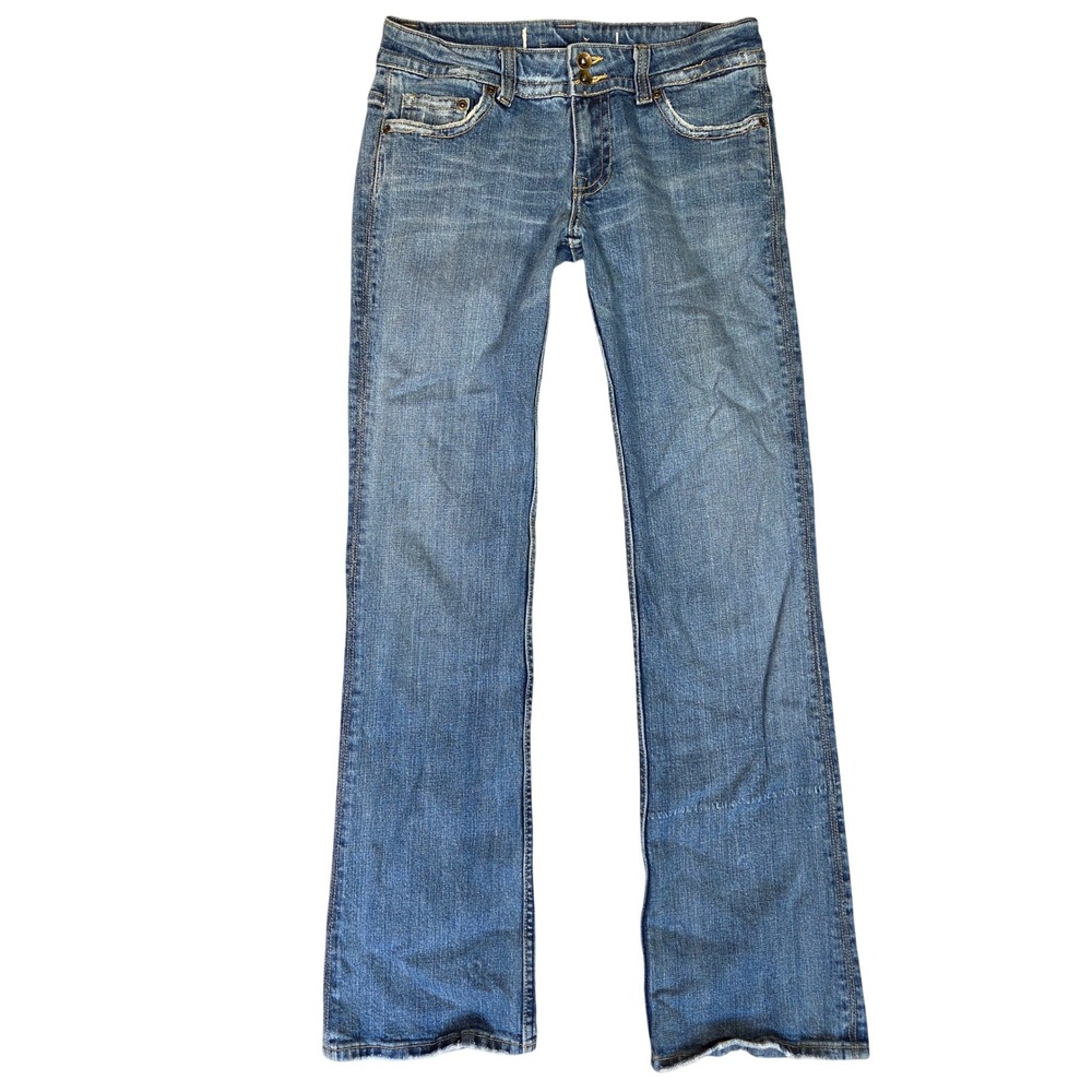 Haute Rag Women Low Rise Bootcut Jeans Blue Distressed Rhinestone Size 9 Y2K